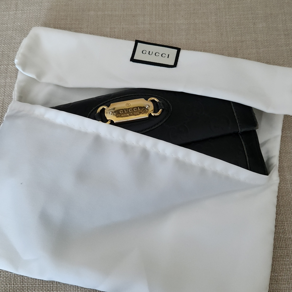 Gucci GG Black Guccissima Long Trifold Snap Wallet W/ Gucci Gold Horsebit Accent